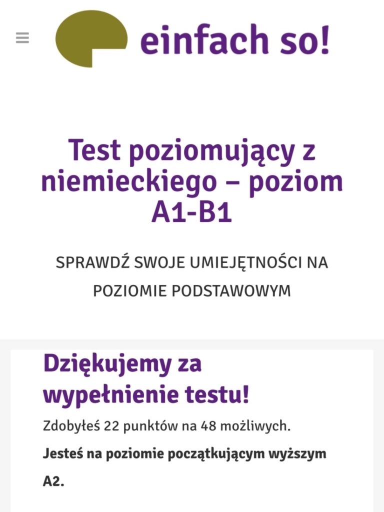 Wynik testu językowego na stronie Einfachso - printscreen